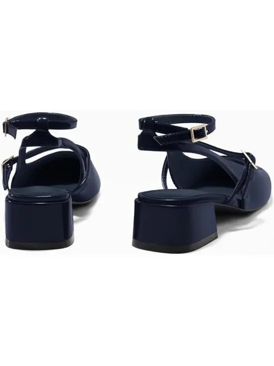 Women's Mary Jane Chunky Low Heels Closed Square Toe Ankle Strap Pumps Navy - Picture 4 of 4